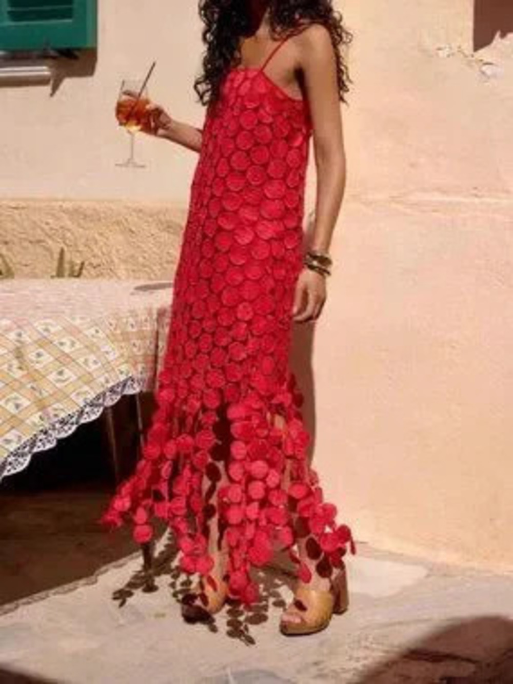 Red Sexy Women's Beach Slip Dress with Strap and 3D Circular Disc Fringe Hem